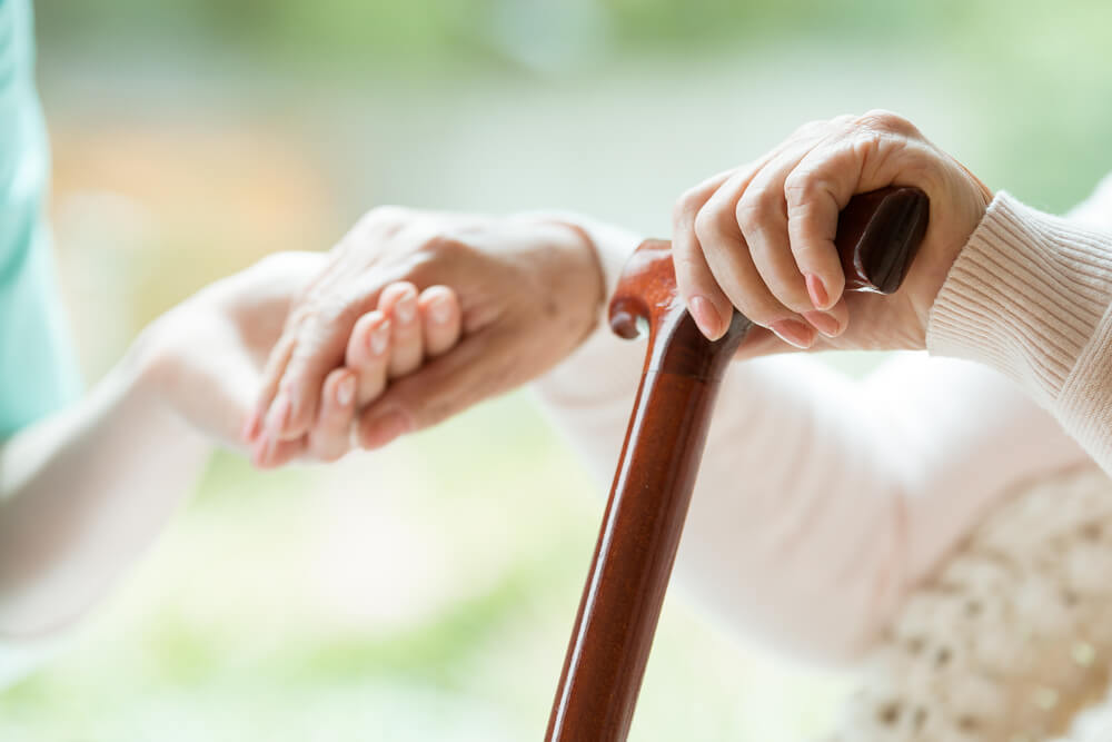 Elder Person Using Wooden Walking Cane Elder Person Using Wooden Walking Cane